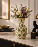 Handwoven Decorative African Vase – Green & Natural Artisan Basket Vase | Paniery