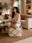 Luxury Handmade Berber Pouf – Ivory & Black Geometric Wool Ottoman – 70 cm
