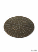 Paniery round beaded placemat with intricate radial pattern in bronze and silver.