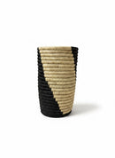 Paniery handwoven black and natural fiber decorative vase with diagonal pattern. Cylindrical shape, ideal for shelves and tables.