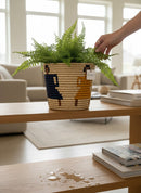 Paniery handwoven basket with bold navy, mustard yellow, and brown graphic pattern, holding a fern.