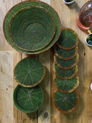 Paniery green and gold beaded coaster set with holder, handcrafted with traditional beadwork. Set of 6.