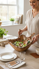 Paniery hand-carved wooden sun bowl with salad and serving utensils, featuring organic design and natural wood texture.