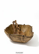 Paniery hand-carved wooden bowl with decorative spoons, featuring organic, sculptural design inspired by nature.