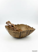 Paniery hand-carved wooden sun bowl with decorative spoons, natural wood, organic shape, serving or decorative use.