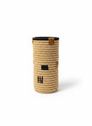 Paniery handwoven natural fiber cylindrical decorative vase with black and tan accents, handcrafted in Rwanda.