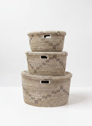 Paniery handwoven Senegalese storage baskets in natural seagrass and recycled plastic with geometric patterns. Set of 3.