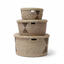 Paniery handwoven Senegalese storage baskets in natural seagrass and recycled plastic with geometric pattern. Set of 3.
