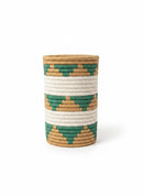 Paniery handwoven cylindrical vase in natural fibers with green and white geometric pattern. Decorative home accent.