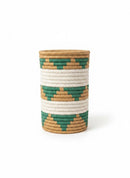 Paniery handwoven cylindrical vase in natural fibers with green and white geometric pattern. Decorative piece for shelves and tables.