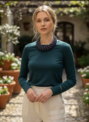 Paniery handmade Kenyan choker necklace with double rings and intricate blue and gold beading.