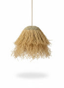 Paniery natural raffia lampshade with a woven top and fringed bottom, handmade in Morocco.