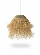 Paniery natural raffia lampshade with a woven top and fringed bottom, handmade in Morocco.