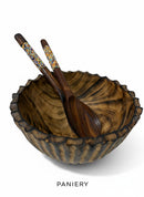 Paniery handcrafted dark brown olive wood serving bowl with unique grain and fluted edge, includes two wooden salad servers with beaded handles.