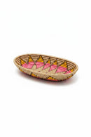 Paniery oval handwoven basket with pink and yellow geometric pattern, made from natural fibers.