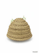 Paniery handwoven natural raffia lampshade with a beehive shape and decorative green sprigs.