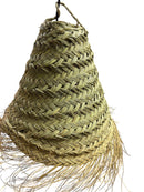 Paniery handwoven natural raffia lampshade with fringe detail, bell shape, adds texture and warmth to interiors.