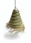 Paniery natural raffia lampshade, handwoven with a fringed hem, bell shape, adds texture and warmth to interiors.