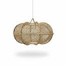 Paniery handwoven natural raffia pendant lampshade with an organic, bulbous shape and intricate open weave, casting diffused light.
