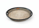 Paniery Senegal handwoven serving tray, 50cm, natural fibers with black leather trim and handles.