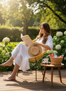 Paniery Signature Solis compact chair in yellow, handwoven from recycled fishing lines, with a woman reading in a garden setting.