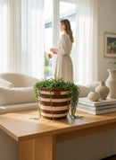 Paniery mini handwoven vase in brown and cream stripes, made from natural fibers, holding a trailing plant.