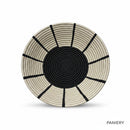 Paniery handwoven sweetgrass basket with black sunburst design, 50 cm diameter, for wall art or table decor.