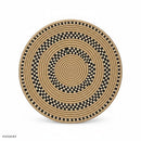 Paniery 40cm round sweetgrass woven tray with black and white geometric pattern, handcrafted in Rwanda.