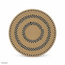 Paniery 40 cm round sweetgrass woven tray with black and white geometric pattern. Handcrafted statement decor.