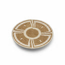 Paniery 40 cm round sweetgrass woven tray with a central spiral and geometric sunburst pattern in natural and white.