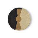Paniery 40 cm round sweetgrass woven tray with black, tan, and natural beige geometric design. Handcrafted statement decor.