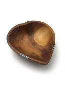 Paniery handcrafted wooden heart bowl with natural African design and zebra-striped inlay. Perfect for serving or decor.