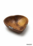 Paniery handcrafted wooden heart bowl with natural African design and black and white striped inlay. Perfect for serving or decor.