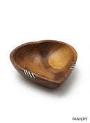 Paniery handcrafted wooden heart bowl with natural African design and black and white striped inlay.