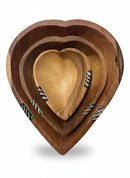 Paniery handcrafted wooden heart bowls, set of 3, natural wood with zebra-patterned inlay accents.