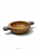 Paniery handcrafted wooden serving bowl with black and white striped handles, perfect for serving or display.