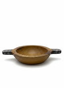 Paniery handcrafted wooden serving bowl with black and white striped handles, perfect for serving or display.