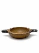 Paniery handcrafted wooden serving bowl with black and white striped handles, perfect for serving or display.