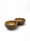 Paniery handcrafted wooden serving bowl with two sections and a decorative black and white striped inlay.