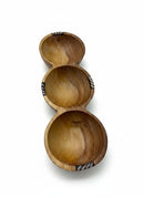 Paniery handcrafted wooden triple serving bowl with African multi-section design and zebra-striped accents.