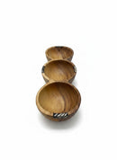 Paniery handcrafted wooden triple serving bowl with African multi-section design and zebra pattern inlay.