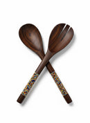 Paniery hand-carved dark wood serving spoons with colourful Maasai beadwork handles, one spoon has a fork design.