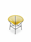 Paniery Signature Solis chair in yellow, handwoven from recycled fishing lines with a black metal frame. Compact sculptural design.